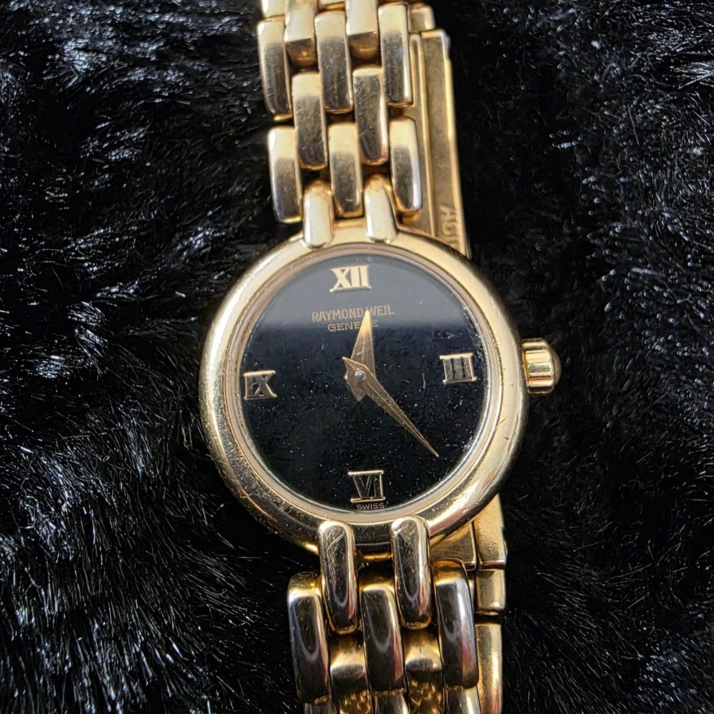 Vintage Raymond Weil Watch Women 18k Gold Plated Black Dial Panther link 5806-2 - Picture 5 of 13